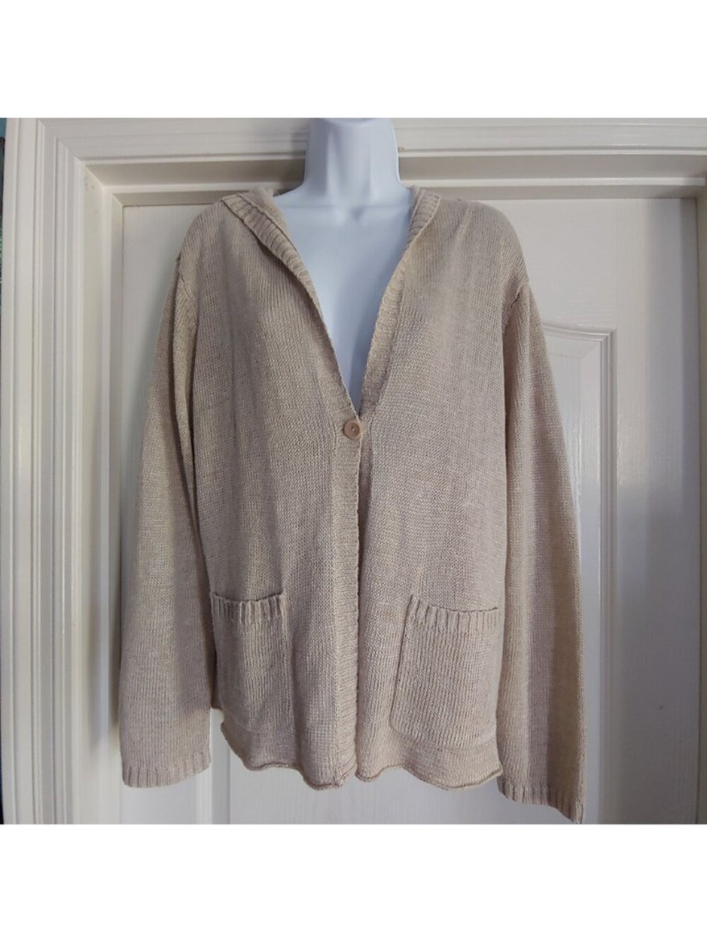Eileen Fisher Hemp Button Hooded Sweater Natural M Coastal Grandma Minimalist